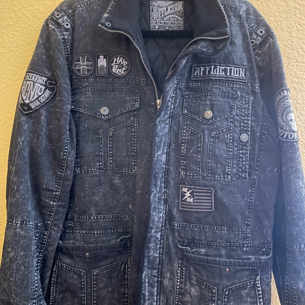 Affliction Black Bomber Jacket with Distressed Embellishments